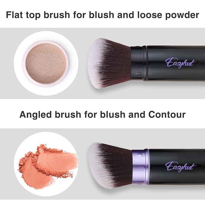 Retractable Kabuki Makeup Brushes 2 Pcs Blush Brushes Set Portable Powder Brushes with Flat and Angled Top for Liquid Cream Cosmetics Travel, large/1.18inch(violet)