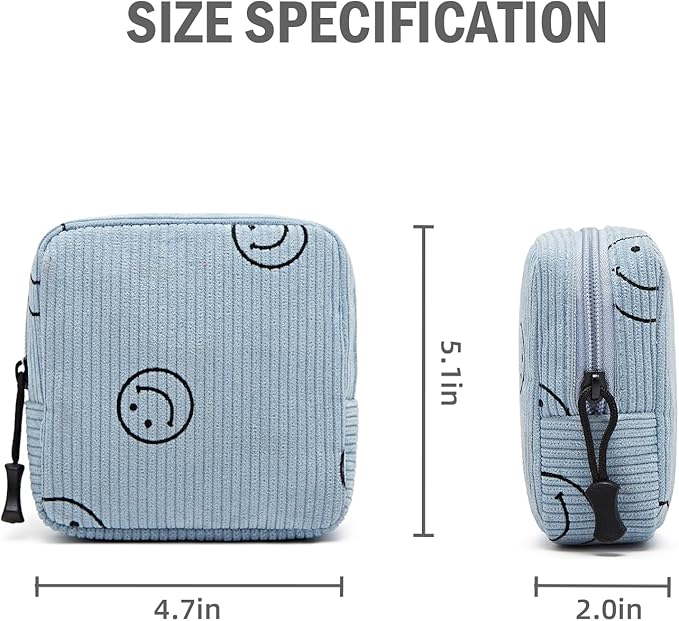 Small Makeup Bag for Purse,Mini Cosmetics Bag cute Zipper corduroy Cosmetic Pouch Storage Pouch Travel Toiletry Organizer for Women Girls(Smiley Face,Blue)