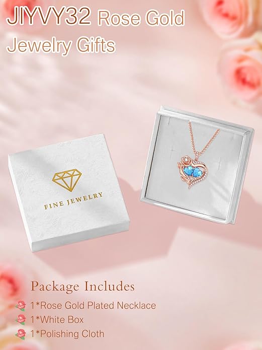 Rose Heart Necklaces for Women, Rose Gold Forever Love Jewelry with 2 Birthstones Pendant, Christmas Anniversarry Birthday Gifts for Her Wife Mom Grandma, 18+2 Inch Chain