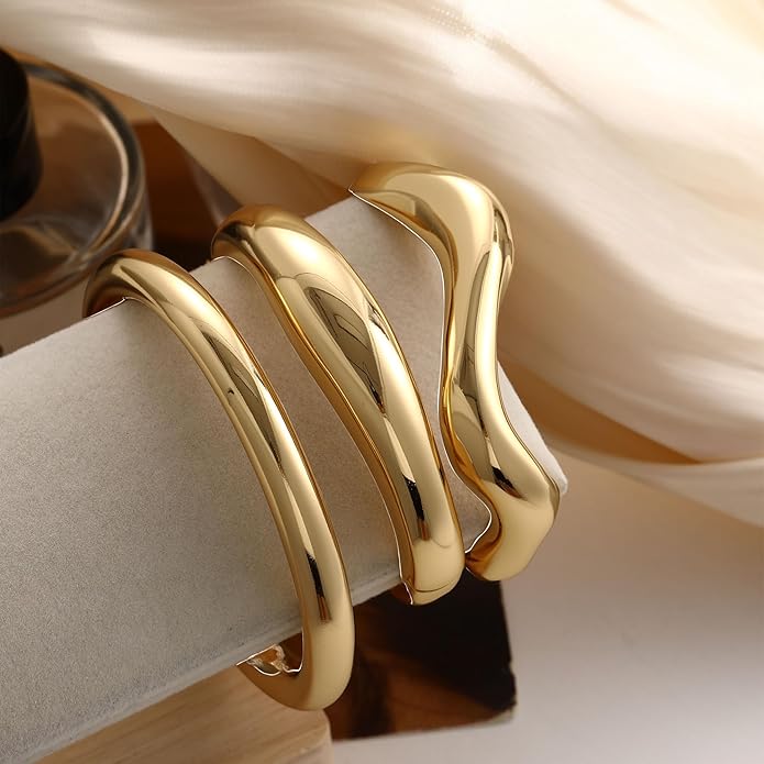 iF YOU Chunky Gold Bangle Bracelets for Women, 14k Gold Plated Multi Layer Stackable Cuff Bracelet Set, Trendy Statement Bracelet Stack Jewelry Gifts