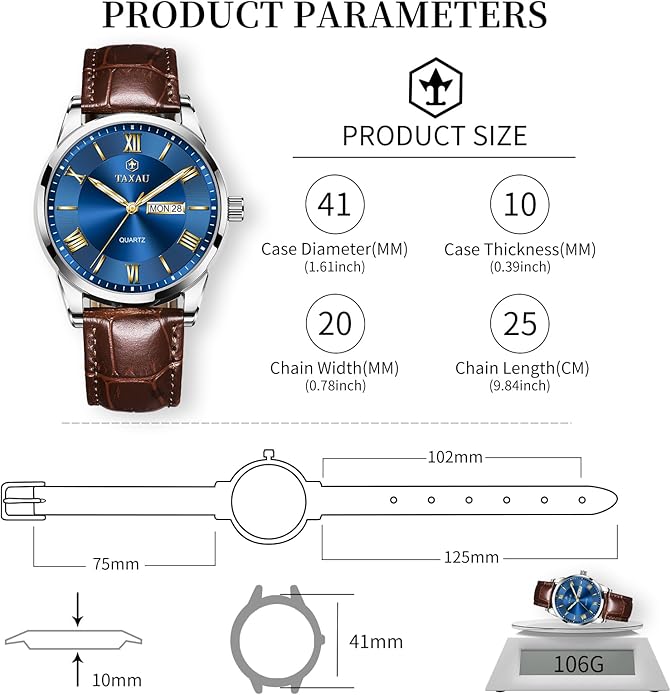 Leather Band Mens Watches with Day Date Quartz Analog Large Face Classic Watch Roman Numerals Dress Luminous Rlojes para Hombres