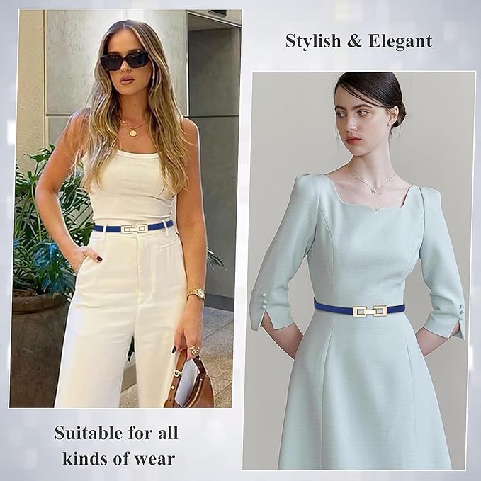 Glamorstar Skinny Belts for Women Thin PU Leather Waist Belt with Gold Buckle for Dresses