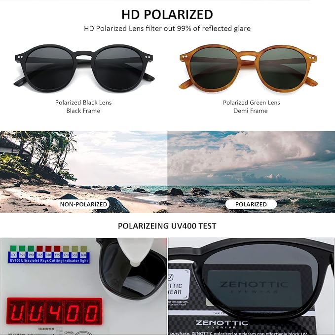 ZENOTTIC Polarized Sunglasses for Women Men: Retro Shades Round | Square Frame UV Protection 2 Pack