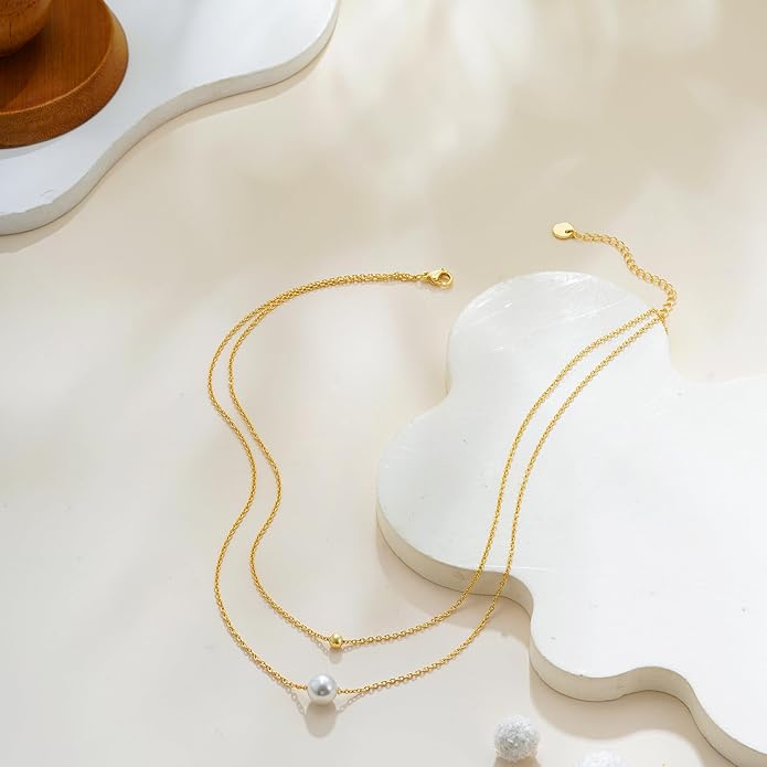 Valentines Day Gifts for Her - 14K Gold Plated Pearl Necklaces for Women Trendy Dainty Necklace Simple Layered Pearl Necklaces for Women Trendy Wedding Birthday Valentines Jewelry