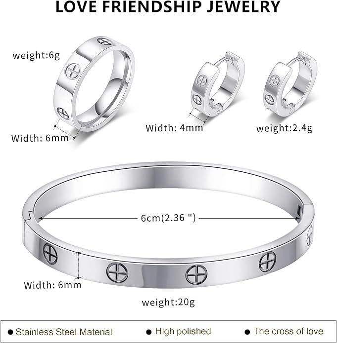 3 Pcs Hoop Earrings Bracelets Ring Sets for Women-18K Gold Plated Love Bracelet Cubic Zirconia Cuff Bangle Hoop Earrings Friendship Love Ring Jewelry Set,Wedding Party Christmas Valentine's Day Birthday Gifts for Her Girlfriend Sister Daughter