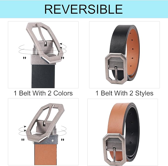 Reversible 1.3" Leather Belt for Women - Vintage Silver Buckle Fashion Belt for Jeans and Dresses
