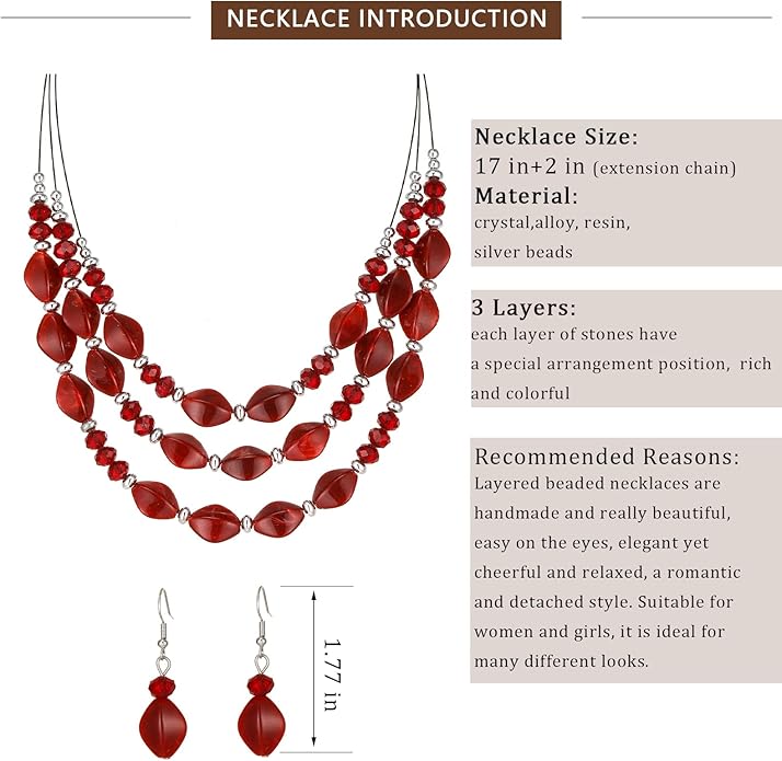 3 Layered Chunky Statement Necklace for Women Beaded Strand Necklaces with Earring Fashion Costumes Collar Necklace Jewelry Sets Gifts for Women