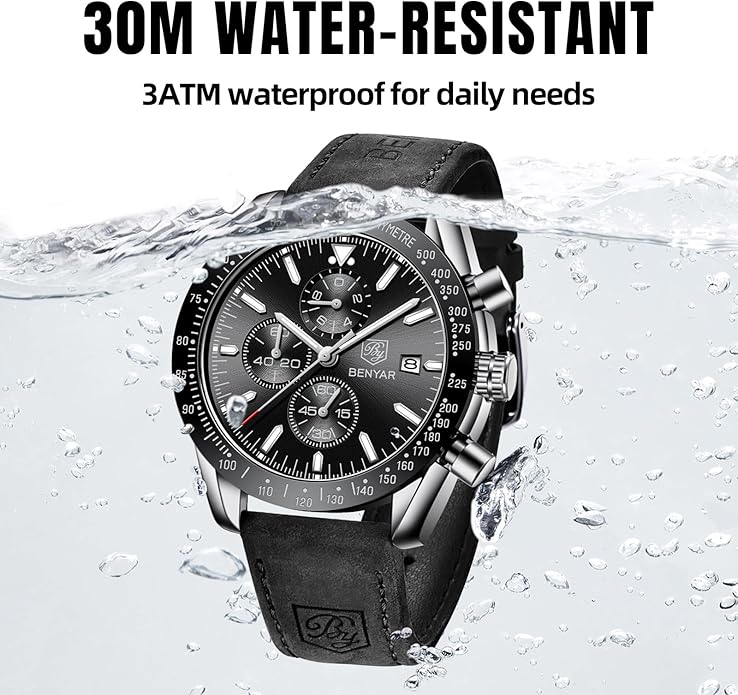 BY BENYAR Watch for Men Analog Quartz Chronograph Waterproof Luminous Designer Mens Wrist Watches Business Work Sport Casual Dress Watch with Silicone Strap Elegant Gifts for Men