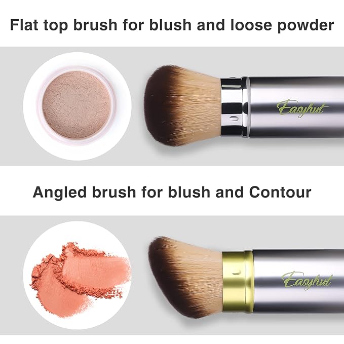 Retractable Kabuki Makeup Brushes 2 Pcs Blush Brushes Set Portable Powder Brushes with Flat and Angled Top for Liquid Cream Cosmetics Travel, large/1.18inch(Silver Green)