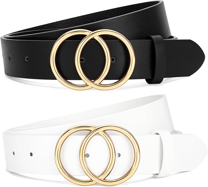 SANSTHS 2 Pack Women Leather Belts Faux Leather Jeans Belt with Double O Ring Buckle