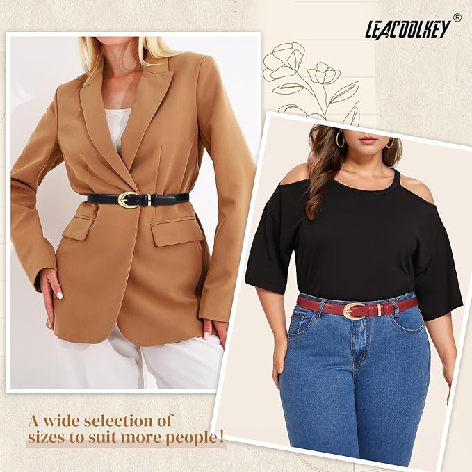 2 Pack Women Leather Belts for Jeans Dress Fashion Ladies Belt with Gold Silver Buckle