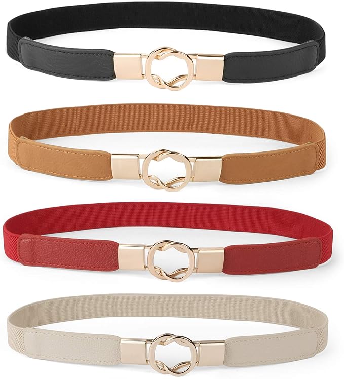 WERFORU Women Skinny Belt for Dresses Retro Stretch Waist Belt with Gold Buckle Set of 4