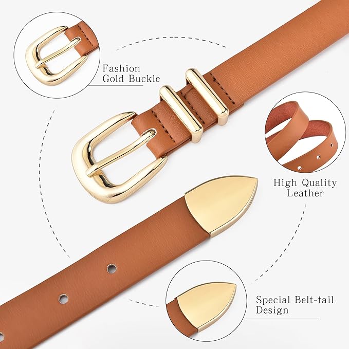 Reversible 1.3" Leather Belt for Women - Vintage Silver Buckle Fashion Belt for Jeans and Dresses
