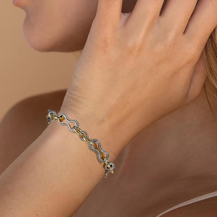 Mytys Chunky Chain Link Bracelet Two-Tone Mixed Metal Textured Toggle Clasp Statement Bangle Bracelet Jewelry for Women Fashion