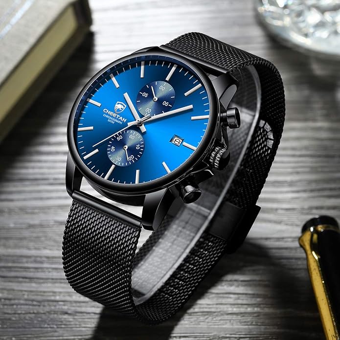 GOLDEN HOUR Mens Watch Fashion Sleek Minimalist Quartz Analog Mesh Stainless Steel Waterproof Chronograph Watches for Men with Auto Date
