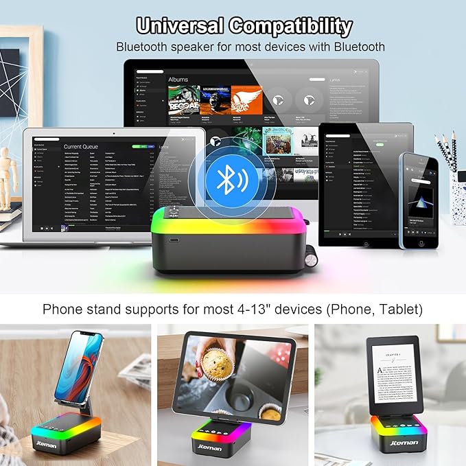 JTEMAN Gifts for Men Women, Cell Phone Stand with Bluetooth Speaker and Light, Portable Lanyard, Cool Tech Gifts for Dad Mom Husband, Unique Birthday Gift Ideas Black