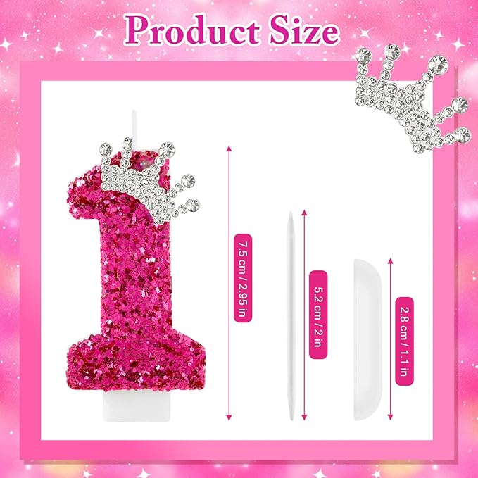 Hot Pink Birthday Candles Crown Number 1 Candle Birthday Party Decorations Cake Topper Cupcake Decor for Anniversary Celebrations Supplies