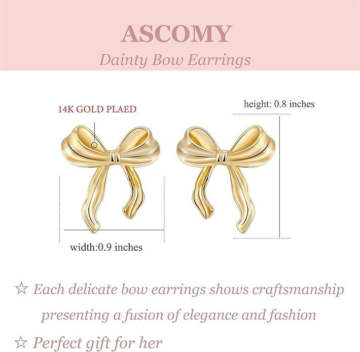ASCOMY Gold Stud Earrings for Women - Dainty Bow 14K Gold/Silver Plated Pearl Earrings - Trendy Cute Ribbon Minimalist Jewelry Gifts for Her