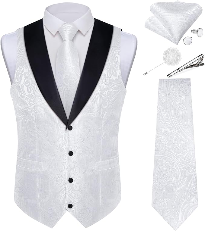 DiBanGu Mens Paisley Suit Vest Silk Jacquard Waistcoat and Necktie Set Formal Shawl Collar Dress Vest 7PCS for Wedding Party