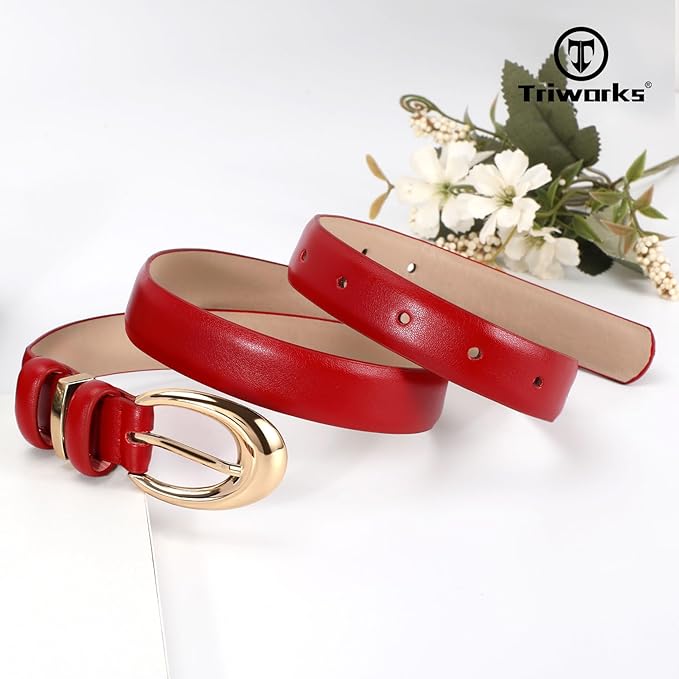 TRIWORKS Women Leather Belt for Jeans Pants Fashion Ladies Skinny Faux Leather Dress belt with Gold Buckle