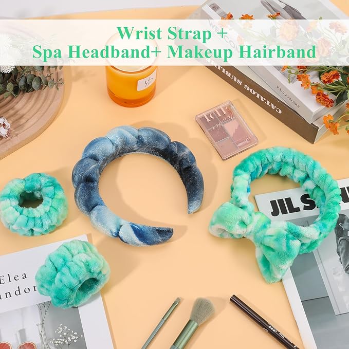 Tie Dye Spa Headband, 4 Pcs - Soft & Stretchy Headbands for Women for Washing Face, Bubble Skin Care, Makeup, Head Band for Face Wash, Shower Hair Accessories, Teen Girl Gifts Trendy Stuff