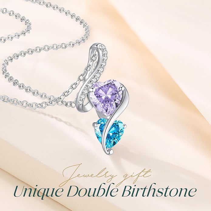 LOUISA SECRET Unique Double Heart Necklace Gifts for Wife Women, 925 Sterling Silver Tiny Birthstone Pendant Jewelry Gift for Her Girlfriend Mom Valentine's Day Anniversary Mother's Day Birthdays & Christmas