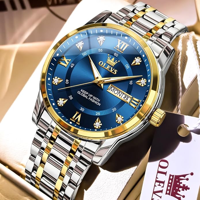 OLEVS Classic Men Watches with Date,Stainless Steel Man Watch with Date, Bussiness Watches for Men,Luminous Quartz Mens Watches Black/White/Blue/Gold, Waterproof Male Watch with Week