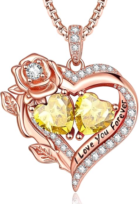 Rose Heart Necklaces for Women, Rose Gold Forever Love Jewelry with 2 Birthstones Pendant, Christmas Anniversarry Birthday Gifts for Her Wife Mom Grandma, 18+2 Inch Chain