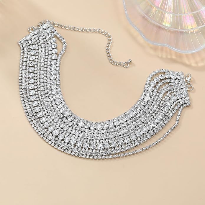 Boho Fashion Prom Shinny Luxury Rhinestones Choker Necklace Dainty Layered Sexy Body Chain Choker Necklace Dainty Gold Silver Halloween Christmas Necklace Gift for Women
