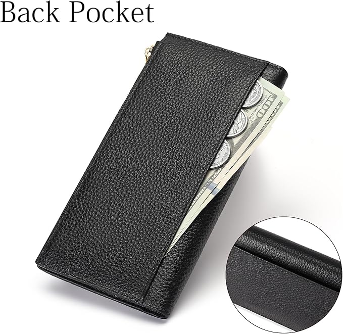 Slim Blue Wallet for Women, RFID Blocking Genuine Leather Bifold with Secure Zippered Coin Pocket (Black)