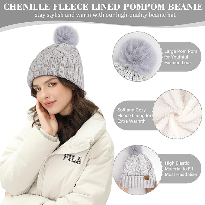 Womens Winter Beanie Hats Scarf Touchscreen Gloves Set Chenille Knit Fleece Lined Beanies Pompom Hat Scarves