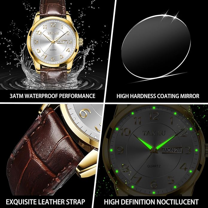 Men's Watch Big Face Easy Read Arabic Numeral Dress Watches for Men Classic Black Brown Leather Band Analog Mens Wrist Watch with Day and Date Fashion Business Waterproof Luminous Quartz Watch