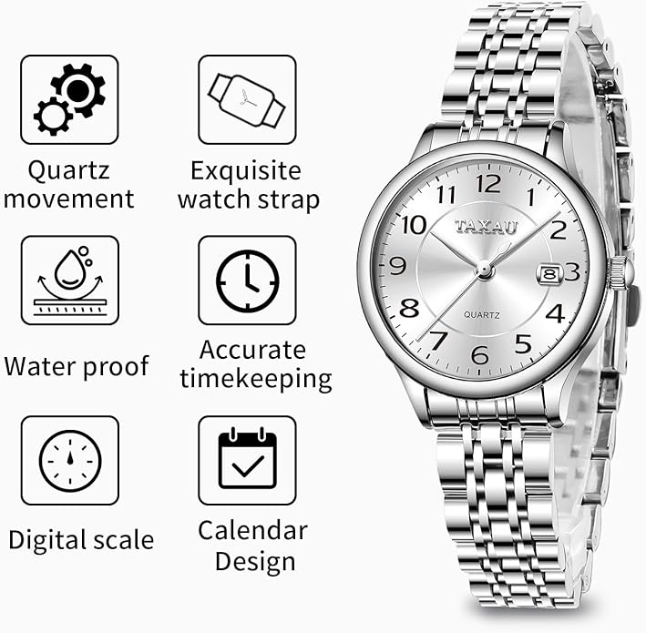 Womens Watch Fashion Dress Waterproof Silver Watches for Women Casual Easy Read Quartz Analog Women's Watch Two Tone Stainless Steel Ladies Watches with Day Date