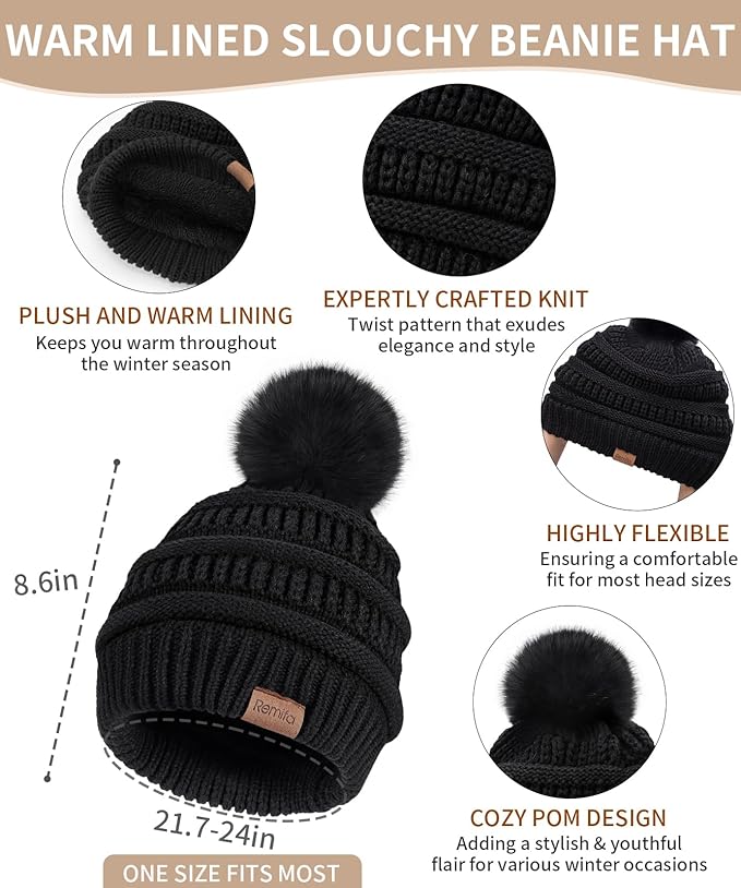 Remifa Winter Beanie Hat Scarf Gloves Set for Women, Slouchy Pom Pom Hat Long Knit Scarf Touchscreen Gloves Christmas Gifts