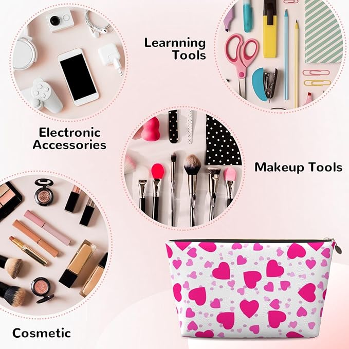Cute Valentine's Day Hearts Makeup Bag Zipper Pouch Travel Portable Cosmetic Bag Organizer for Women