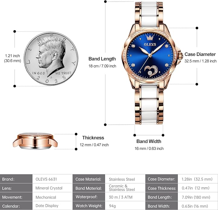 OLEVS Womens Automatic Watch, Premium Large Face Diamond Accented Self Winding Watches for Women, Fashion Waterproof Ladies Dress Watch, Two Tone Stainless Steel Ceramic Bracelet