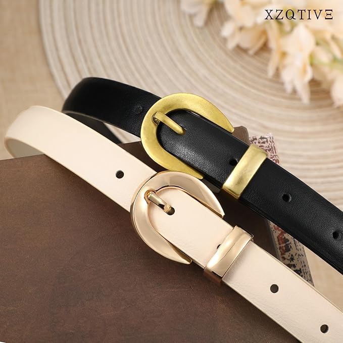 XZQTIVE Women Skinny Leather Belts for Jeans Dress Pants Fashion Ladies Thin Black Waist Belt with Gold Buckle