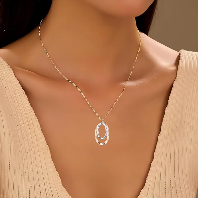 Jojomina Mixed Metal Necklace Gold and Silver Circle Pendant Two Tone Ring Necklaces for Women Western Boho Jewelry