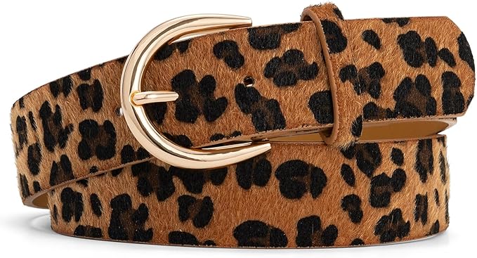 Women’s Leopard Print Leather Belts for Women, Cheetah Print Belt with Gold Buckle, Width 1.46"