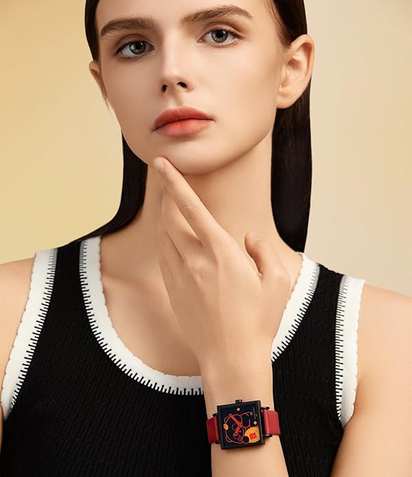 GOLDEN MAPLE Fancy Ladies Watch, Quartz Movement Watches for Women, Square Case with Leather Strap