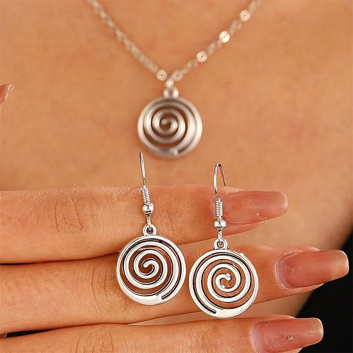 coadipress Spiral Earrings Necklace Sets for Women Geometric Round Swirl Statement Earrings Minimalist Trendy 14K Gold Plated Round Spiral Leather Necklace Bohemia Charm Jewelry