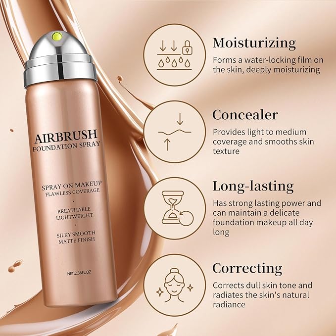 Airbrush Foundation Spray,Hydrates and Moisturizes,Silk Lightweight,Waterproof Foundation for Mature Skin,Buildable Coverage,Base de Maquillaje (01 Natural)