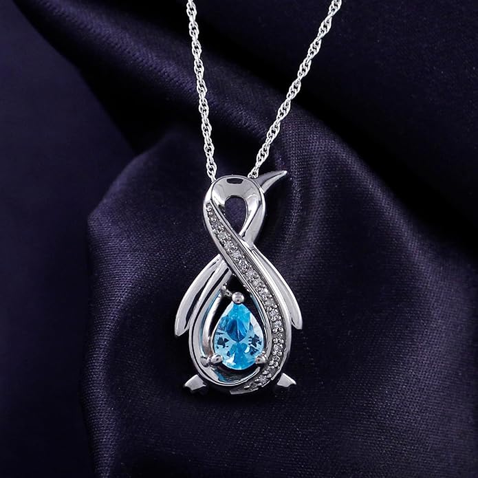 Infinity Penguin Pendant Necklace for Women, 14K Gold Over Sterling Silver with Pear & Round Cut Simulated Birthstone & White Diamond Accents, Dainty Animal Jewelry Gift with 18" Chain