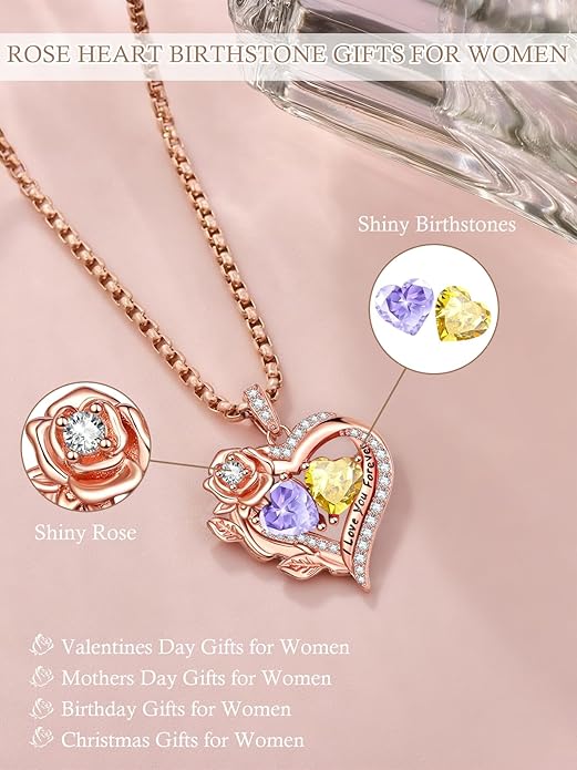 Rose Heart Necklaces for Women, Rose Gold Forever Love Jewelry with 2 Birthstones Pendant, Christmas Anniversarry Birthday Gifts for Her Wife Mom Grandma, 18+2 Inch Chain