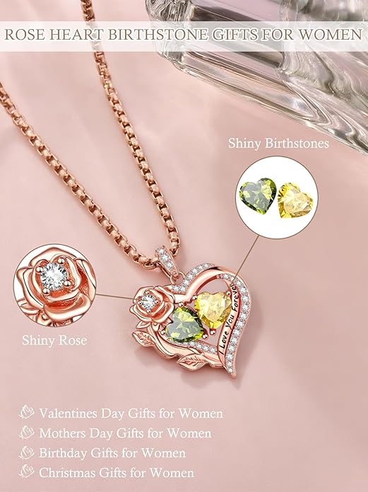 Rose Heart Necklaces for Women, Rose Gold Forever Love Jewelry with 2 Birthstones Pendant, Christmas Anniversarry Birthday Gifts for Her Wife Mom Grandma, 18+2 Inch Chain