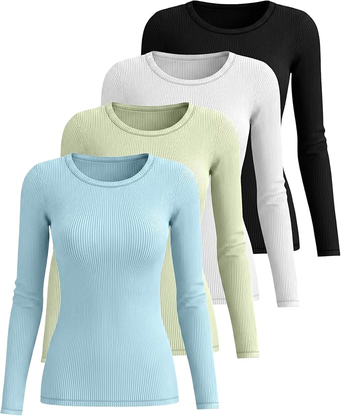 Neer 4 Pack Women's Ribbed Long Sleeve Shirts, Cotton Crew Neck Slim Fit Tops Stretch Knit Casual Base Layer Basic Tee Shirts
