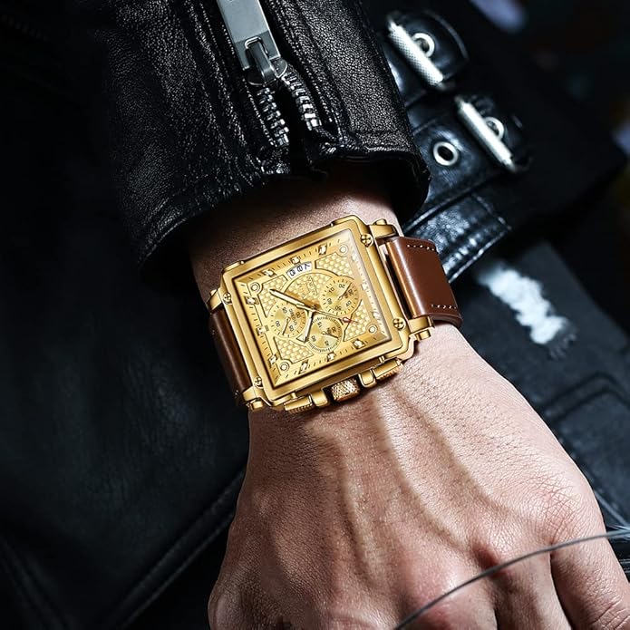 OLEVS Men's Casual Leather Watch, Big Face Chronograph Watch for Men, Fashion Easy to Read Dress Watch, Men's Waterproof Luminous Date Analog Watch, Gold/Black/White/Blue Dial