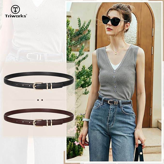 2 Pack Women Skinny Leather Belts for Jeans Pants Thin Faux Leather Belt with Gold Buckle