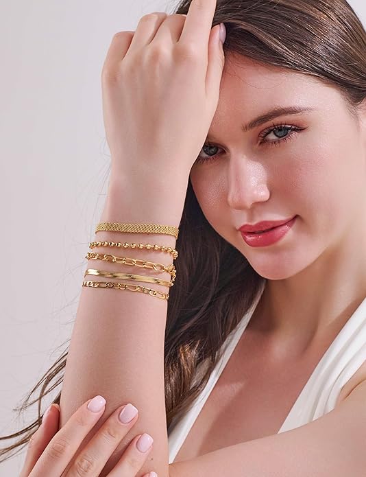Gold Chain Bracelet Set for Women 14K Gold Plated Bracelets Multi-Layer Stackable Bracelet Dainty Cuban Paperclip Chain Bracelets Pack Jewelry