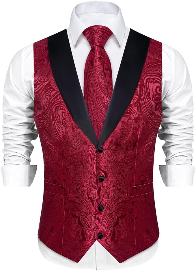 DiBanGu Mens Paisley Suit Vest Silk Jacquard Waistcoat and Necktie Set Formal Shawl Collar Dress Vest 7PCS for Wedding Party